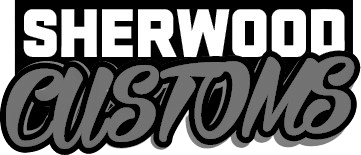Logo of Sherwood Customs, featuring bold lettering in black and gray, representing a custom design brand.
