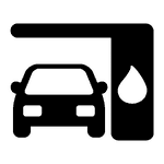 Icon representing a car at a gas station, with a fuel pump and droplet symbol, illustrating the concept of refueling vehicles.