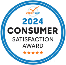 2024 Consumer Satisfaction Award badge from DealerRater, featuring a blue circular design with a five-star rating system.