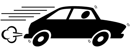 Illustration of a speeding car with motion lines and exhaust smoke, representing fast movement or a dynamic driving experience.