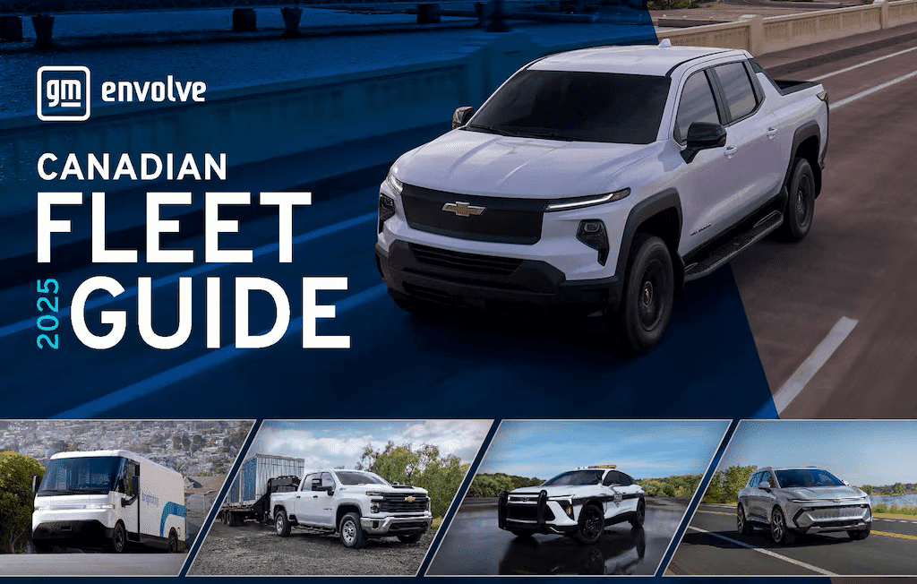 2025 Canadian Fleet Guide featuring a Chevrolet electric pickup truck on a highway, showcasing fleet vehicle options including delivery vans and SUVs for businesses in Canada.