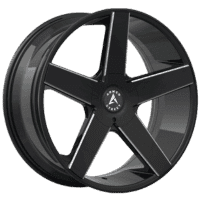 Black alloy wheel with a five-spoke design, featuring the logo at the center, ideal for enhancing vehicle aesthetics and performance.