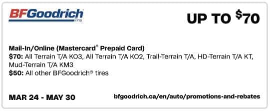 Alt text: Promotional banner for BFGoodrich tires offering up to $70 rebate on select tire models from March 24 to May 30. Details include $70 rebate for specific All Terrain, Trail-Terrain, HD-Terrain, and Mud-Terrain tires, and $50 for other BFGoodrich tires.