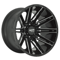 Black alloy wheel with a modern design featuring a multi-spoke pattern, showcasing the Moto Metal brand logo. Ideal for enhancing the aesthetics of trucks and SUVs.