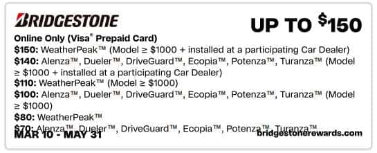 Bridgestone tire promotion flyer outlining rebates up to $150 on select tire models including WeatherPeak, Alenza, and Dueler. Offer valid for online purchases with installation at participating dealerships, running from March 10 to May 31.