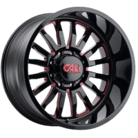 Stylish black alloy wheel with red accents and a CALI branding logo, ideal for enhancing vehicle aesthetics and performance.