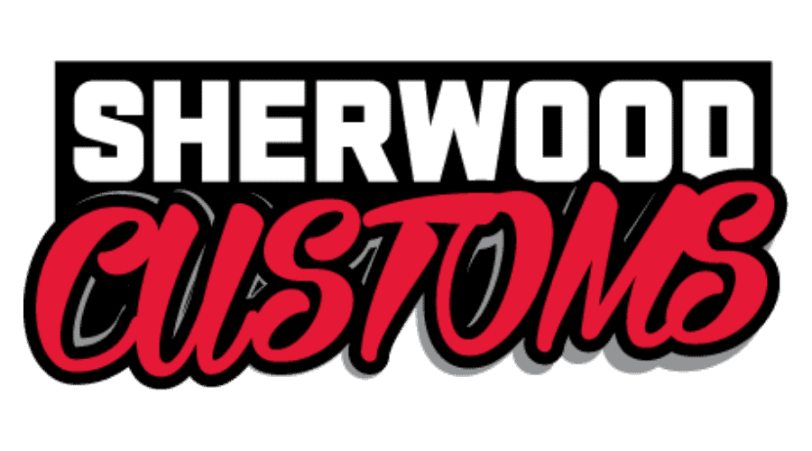 Logo of Sherwood Customs featuring bold black and white lettering for "SHERWOOD" and stylized red script for "CUSTOMS," representing a custom design brand.
