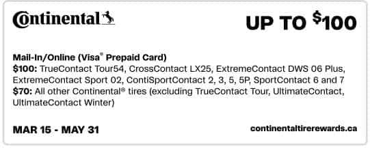 Promotional image for Continental tire rebate offer, highlighting up to $100 back on select tire models such as TrueContact Tour54 and ExtremeContact DWS 06 Plus, available for mail-in or online submission from March 15 to May 31.
