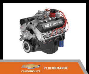 Chevrolet 427 performance engine with chrome and red accents, showcasing high-performance automotive engineering.