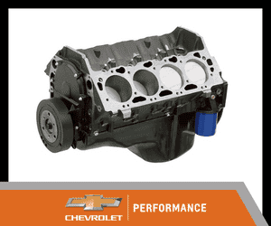 Chevrolet performance engine block showcasing a V8 design with six visible cylinders and mounting components, ideal for automotive enthusiasts and builders.