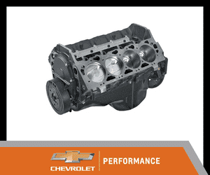 Chevrolet performance engine block showcasing precision-engineered aluminum structure with visible pistons and crankshaft, designed for high-performance applications.