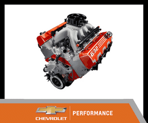 Chevrolet Performance 632 engine showcasing a powerful V8 design, featuring a red and silver color scheme, ideal for high-performance vehicles.