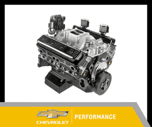 Chevrolet performance engine featuring a detailed view of the engine block, intake manifold, and various components, designed for high-performance automotive applications.