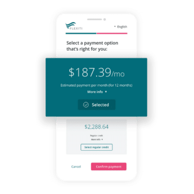 Mobile payment interface displaying a monthly payment option of $187.39 for a total of $2,288.64, with a selection button for regular credit.