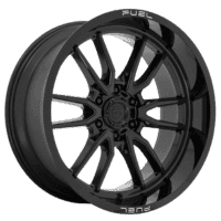 Black alloy wheel from Fuel Off-Road, featuring a modern design with multiple spokes and a polished finish, ideal for enhancing the aesthetics and performance of cars or trucks.