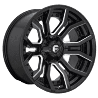 Black alloy wheel with a modern, multi-spoke design showcasing a polished finish and an emblem in the center, ideal for enhancing vehicle aesthetics and performance.