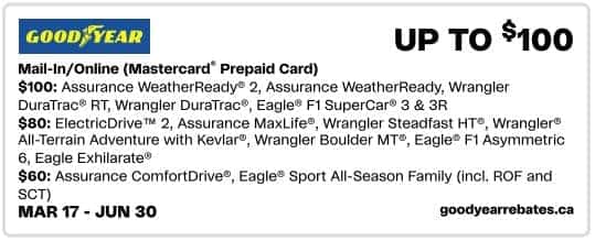 Goodyear rebate offers up to $100 for qualifying tire purchases, including Assurance WeatherReady, Wrangler DuraTrac, and Eagle F1 SuperCar, available from March 17 to June 30.