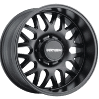 Black alloy wheel with a modern design featuring multiple spokes, from the brand Mayhem, suitable for off-road vehicles and enhancing vehicle aesthetics.