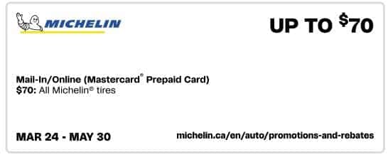 Promotional offer for Michelin tires with potential savings of up to $70 via mail-in or online rebate using a Mastercard prepaid card, valid from March 24 to May 30. More details available at michelin.ca/en/auto/promotions-and-rebates.