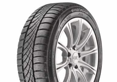 Close-up of a Hankook all-season tire mounted on a stylish alloy wheel, showcasing its tread pattern designed for enhanced grip and performance in various weather conditions.
