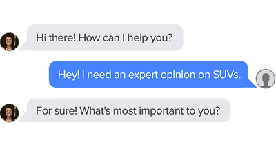 Chat conversation between a customer seeking advice on SUVs and a friendly assistant offering help, showcasing customer service interaction in an automotive context.