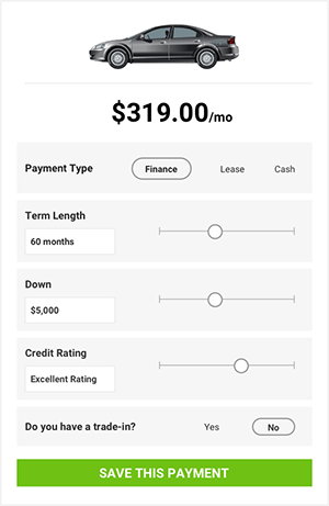 Image of a car payment calculator displaying monthly payment options of $319.00, including finance, lease, and cash payment types, with adjustable sliders for term length (60 months), down payment ($5,000), and credit rating (excellent). The interface also includes a trade-in option and a button to save the payment details.