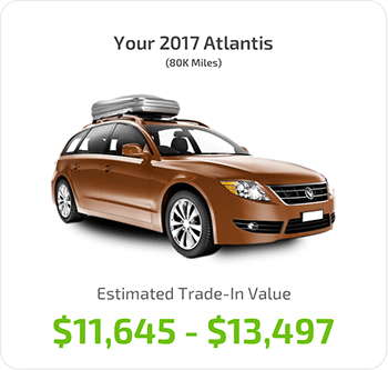 Image of a 2017 Atlantis car with 80,000 miles, displaying an estimated trade-in value ranging from $11,645 to $13,497.