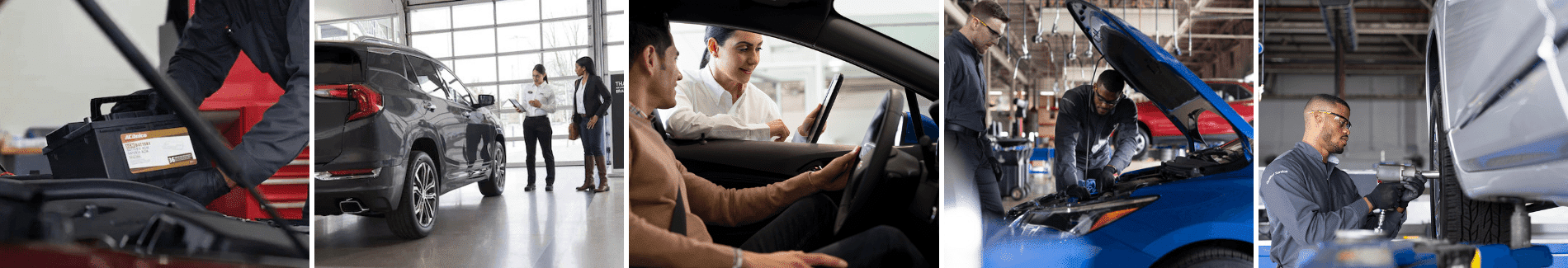 Automotive service and maintenance scene featuring technicians working on cars. Highlights include battery inspection, customer consultations, and detailed vehicle diagnostics in a modern garage setting.