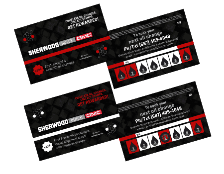Promotional oil change coupons from Sherwood Buick GMC featuring a rewards program, contact number for booking appointments, and design elements including oil drop graphics.
