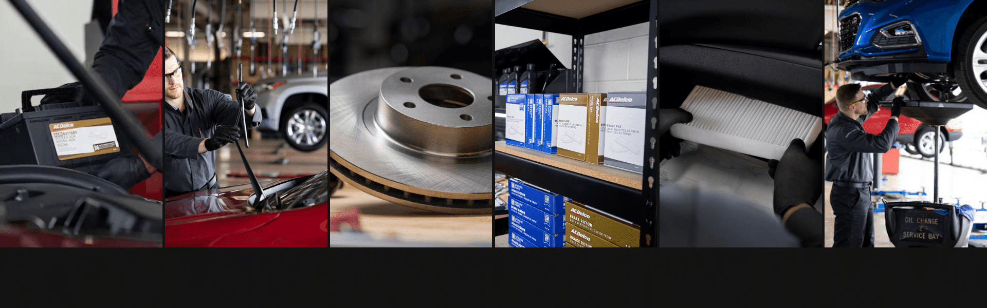 Automotive service collage featuring a technician installing an AC Delco battery, inspecting brake components, organized auto parts including brake pads and rotors on shelves, and performing an oil change on a vehicle in a service bay.