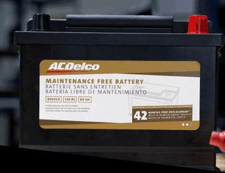 ACDelco maintenance-free battery with specifications, including a 42-month free replacement warranty, 80 amp-hour capacity, and 140 RC rating.