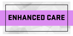 Graphic featuring the phrase "Enhanced Care" in bold black letters on a light geometric background with a purple band, representing elevated health and wellness services.