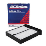 ACDelco cabin air filter with packaging, designed to improve vehicle air quality by filtering out dust, pollen, and other pollutants.