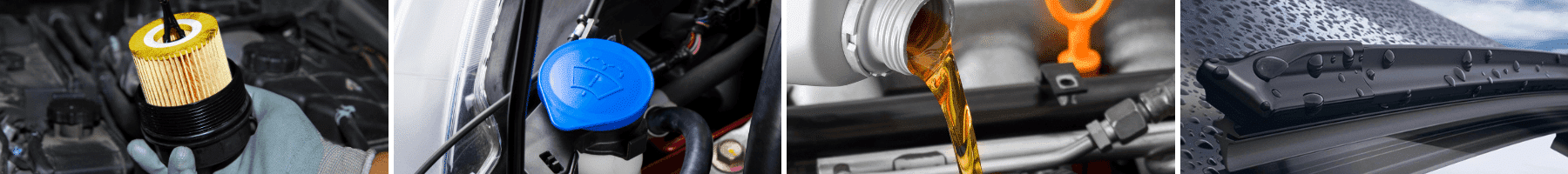 Close-up images of car maintenance components, featuring an oil filter being held, a blue coolant reservoir cap, engine oil being poured into a container, and a windshield wiper blade on a car. These visuals highlight essential car care tasks for optimal vehicle performance.