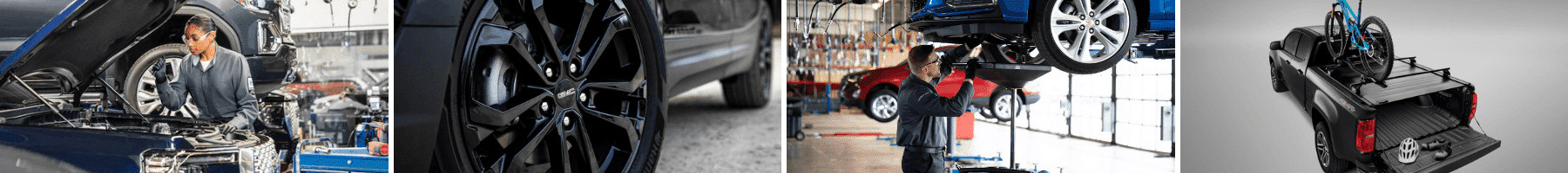 Close-up of a Chevrolet Ecotec engine, a performance tire, a mechanic working on a car lift, and a pickup truck featuring a bike rack in the bed.