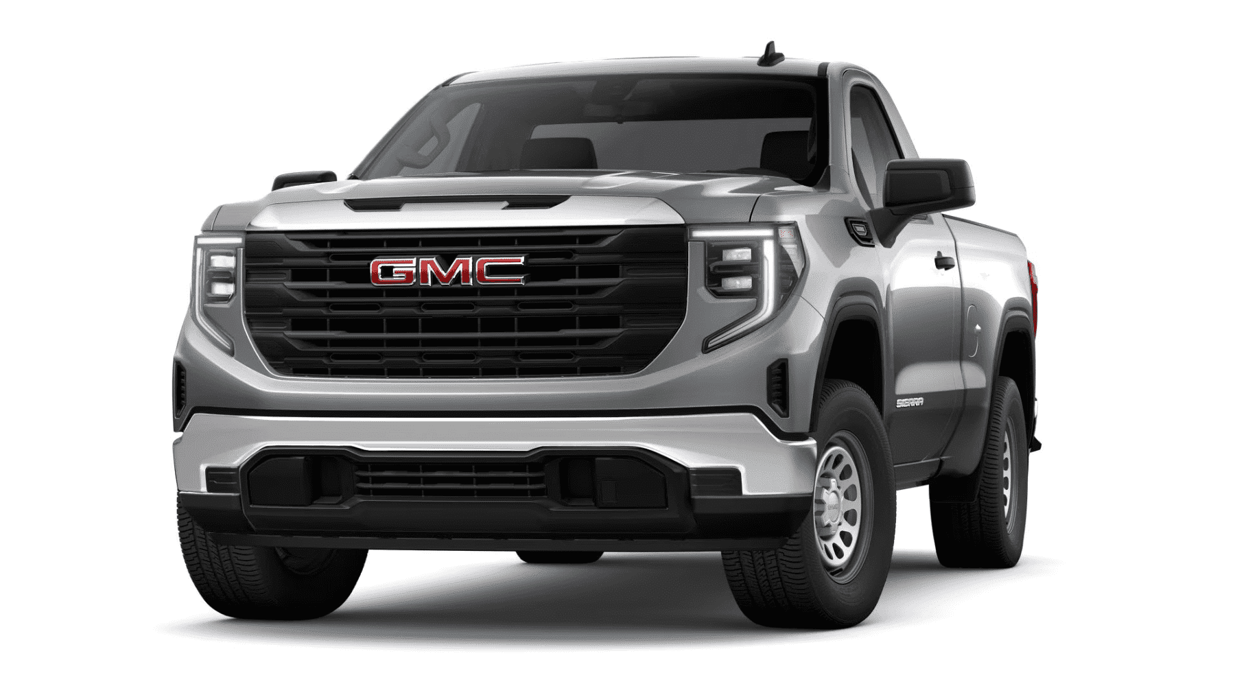 Front view of a silver GMC Sierra pickup truck showcasing its bold grille design with a prominent GMC logo, highlighting its rugged and modern appearance suitable for both work and leisure activities.