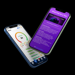 Two smartphones displaying app interfaces; one shows a driving score dashboard with performance metrics, while the other features a promotional banner for a "Drive Free for a Year" program.