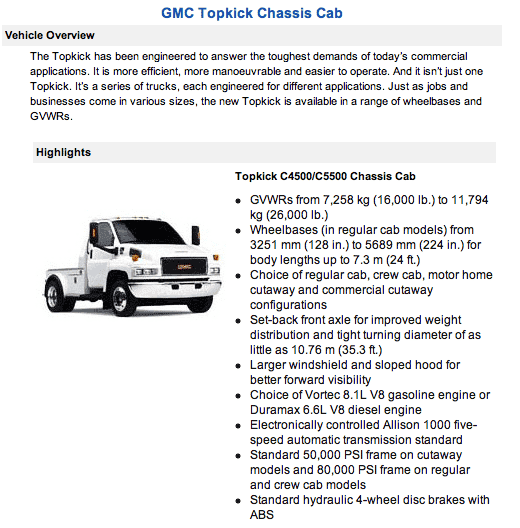 GMC Topkick Chassis Cab C4500/C5500 overview highlighting commercial applications, GVWR range of 7,258 kg to 11,794 kg, various wheelbase options, regular and crew cab configurations, and engine choices including Vortec 8.1L V8 and Duramax 6.6L V8, featuring advanced braking and safety systems.