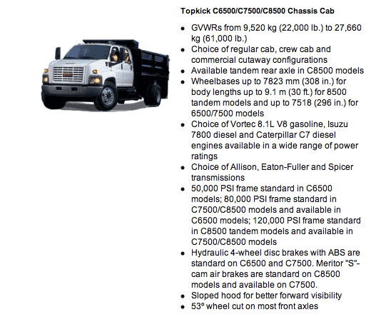 Topkick C6500/C7500/C8500 chassis cab specifications, including GVWR from 9,520 kg to 27,660 kg, options for regular, crew, and commercial cab configurations, engine choices (Vortec, Isuzu, Caterpillar), and transmission selections (Allison, Eaton-Fuller, Spicer). Highlights features like standard hydraulic 4-wheel disc brakes, frame ratings, wheelbase options, and improved visibility design.