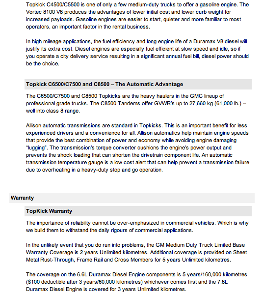 Alt text: Overview of the Topkick C4500/C5500 and C6500/C7500/C8500 trucks, highlighting the advantages of gasoline and diesel engines, automatic transmissions, and importance of warranty details for commercial use.
