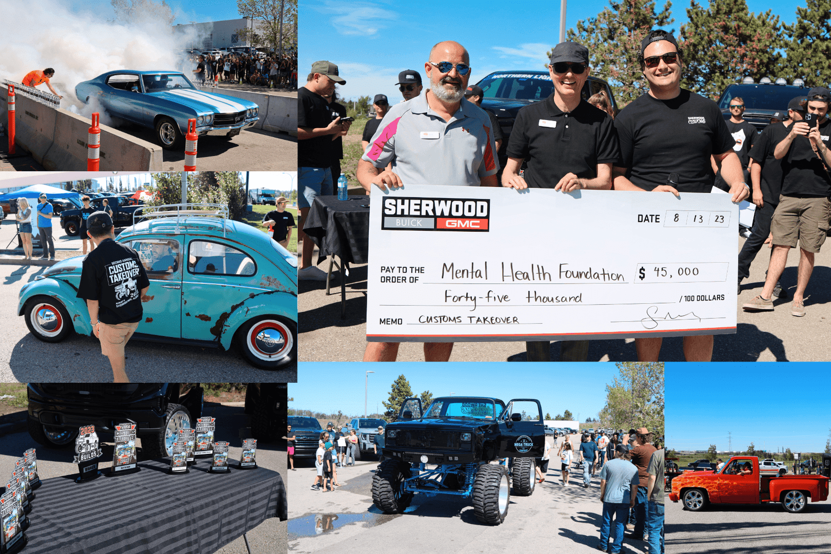 Event collage showcasing custom cars, including a blue muscle car performing a burnout, a vintage turquoise Volkswagen Beetle, and a large lifted truck. A group of attendees gathered around a check presentation for $45,000 to the Mental Health Foundation, highlighting the community support initiative during the Custom Takeover event. Additional images feature awards on display and participants enjoying the festivities.