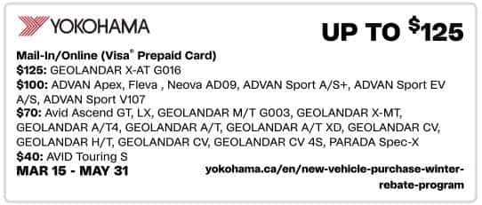 Yokohama rebate advertisement featuring prepaid card offers for various tire models, with savings up to $125 available from March 15 to May 31.