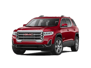 Red GMC Acadia SUV with a modern design and chrome grille, showcasing sleek lines and a spacious interior, parked in a dynamic position.