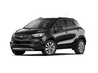 Black Buick Encore SUV parked at an angle, showcasing its stylish design and compact size, ideal for city driving and versatility.