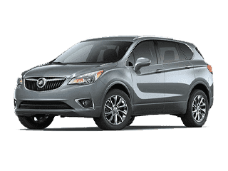 Silver Buick Envision SUV with a sleek design, featuring chrome accents and stylish alloy wheels, positioned at an angle against a plain background.