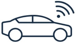 Outline of a car with wireless signals, representing connected and smart vehicle technology for enhanced communication and navigation.