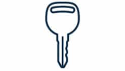 Illustration of a metal key, featuring a simple design with a rounded head and a notched shaft, representing security and access.