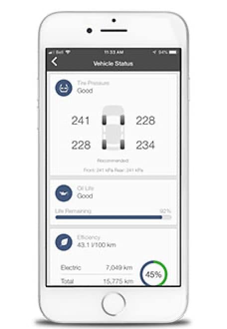 Smartphone displaying vehicle status information, including tire pressure, oil life, and efficiency metrics, indicating good condition with details on electric range and total kilometers driven.