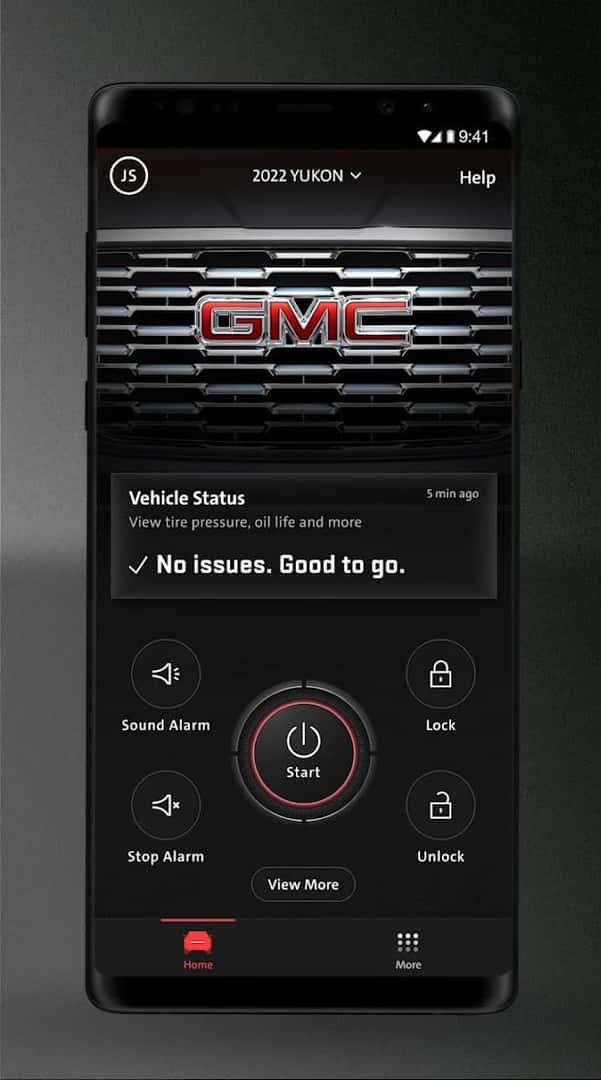 Mobile app interface for the 2022 GMC Yukon displaying vehicle status, indicating no issues. Features include tire pressure and oil life monitoring, as well as options to start, lock, unlock, sound the alarm, and view more details.