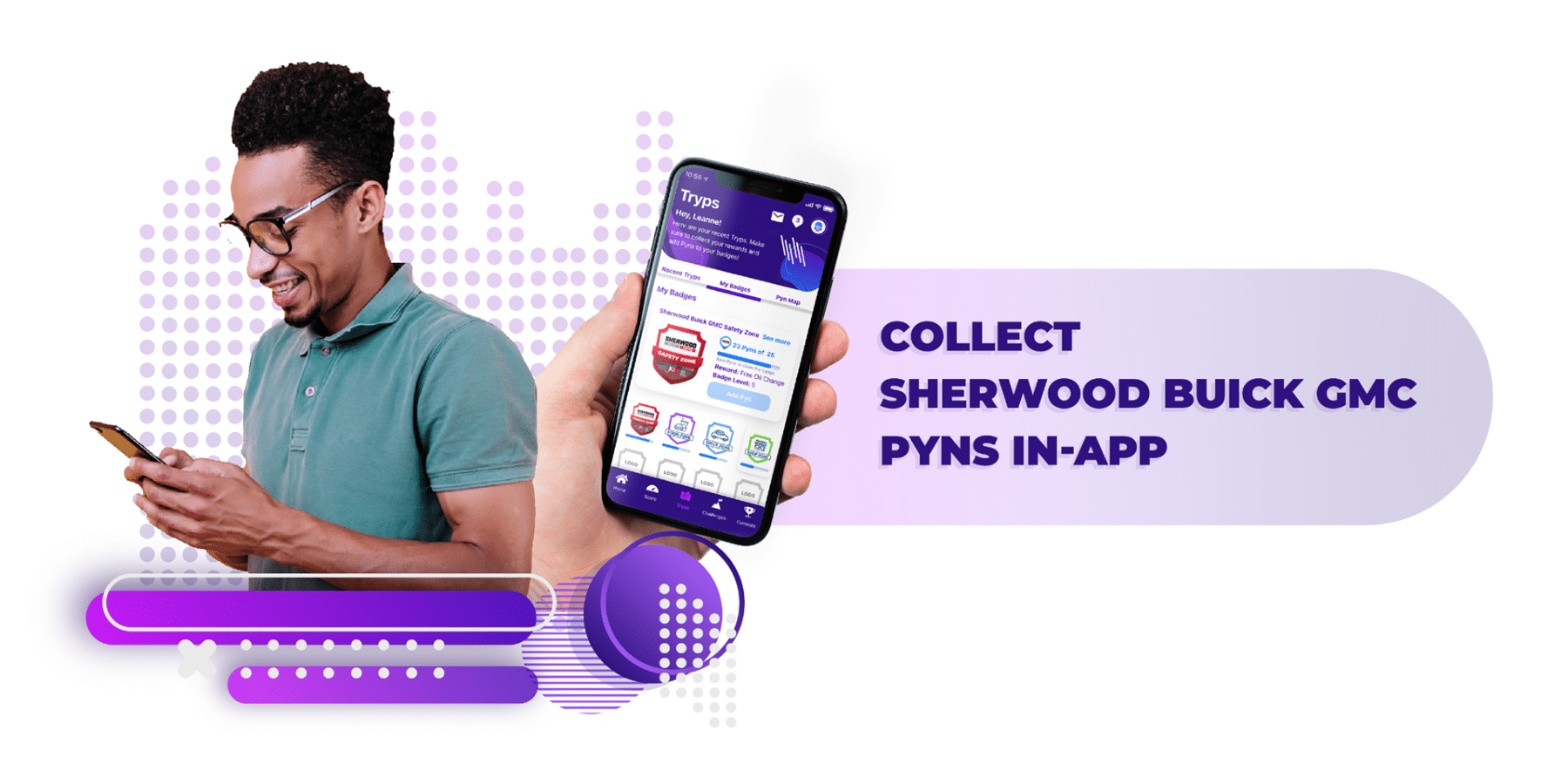 Promotional image for Trypscore and Sherwood Buick GMC, featuring two smiling individuals: a woman holding a steering wheel and a man pointing at a smartphone. The text highlights a contest to win a free oil change for safe driving. The background showcases a vehicle partially visible, emphasizing automotive services.